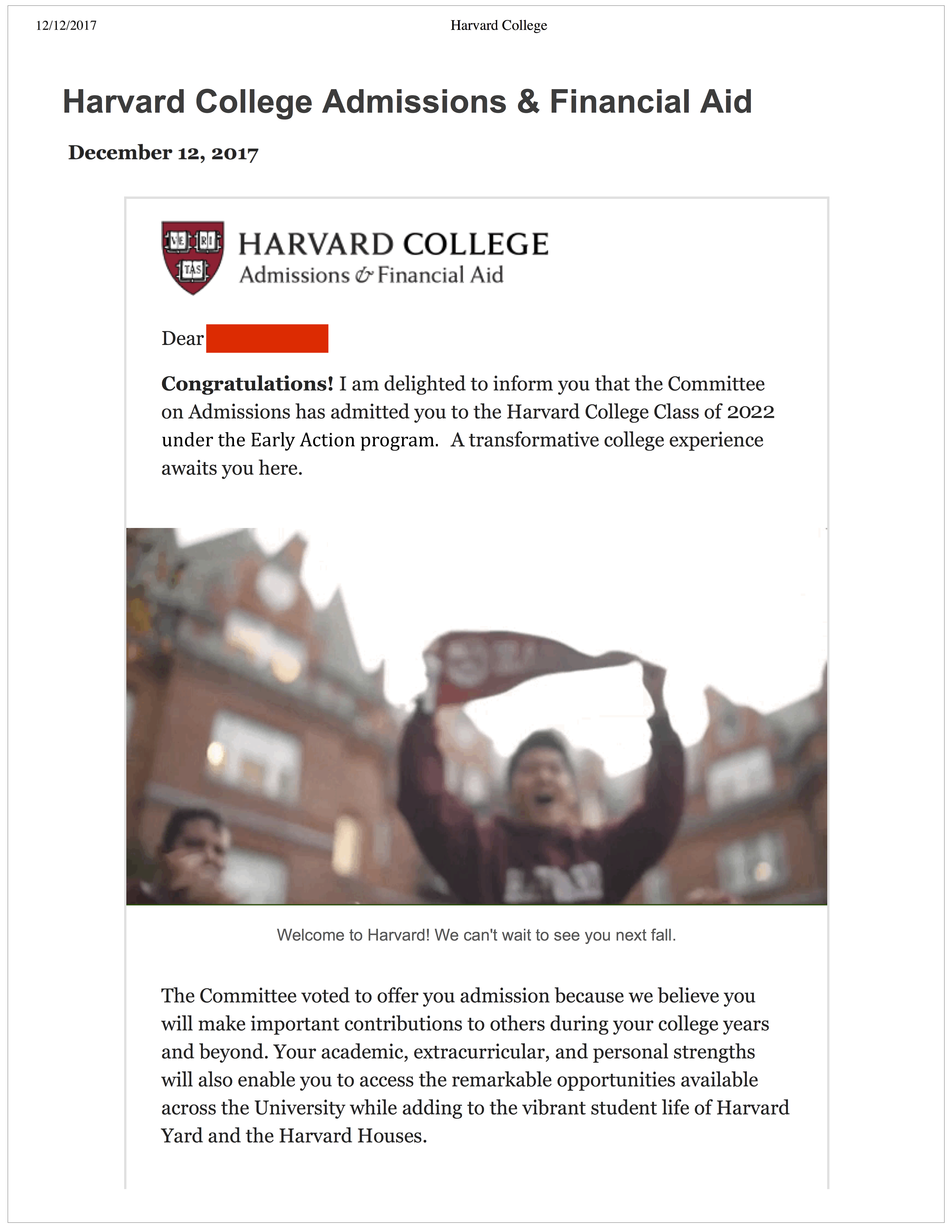 harvard acceptance letter
