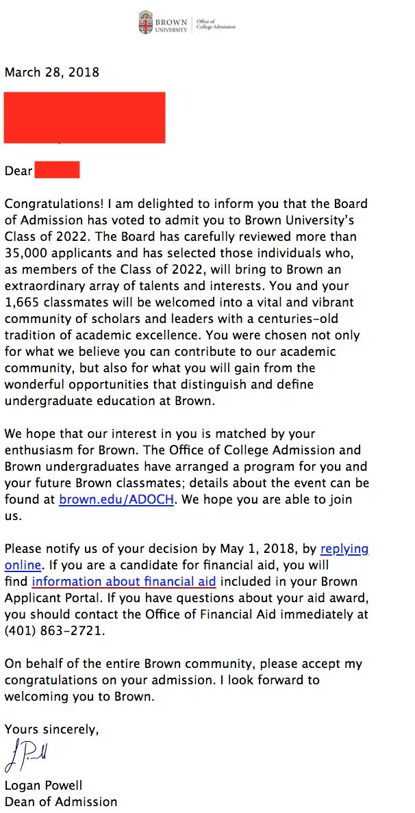 brown acceptance letter