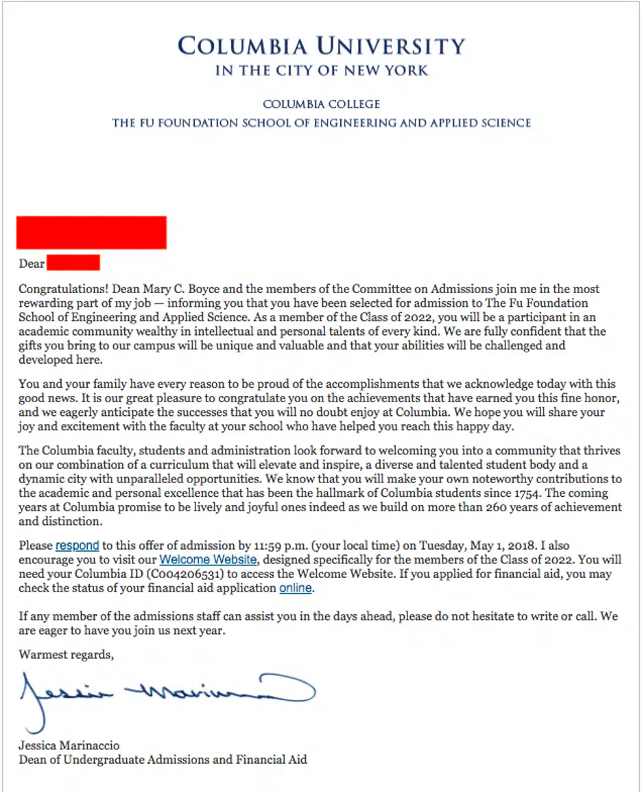 Columbia University acceptance letter