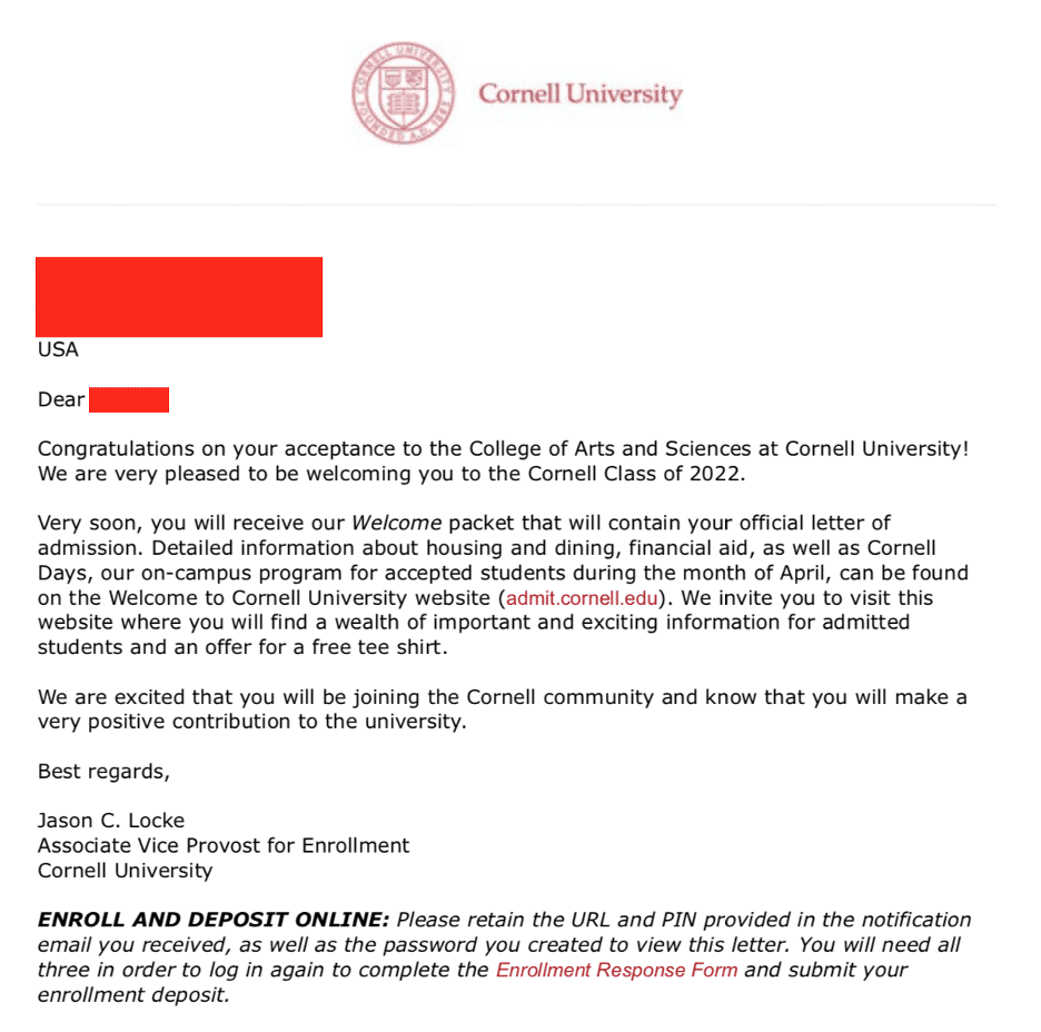 Cornell Acceptance Letter