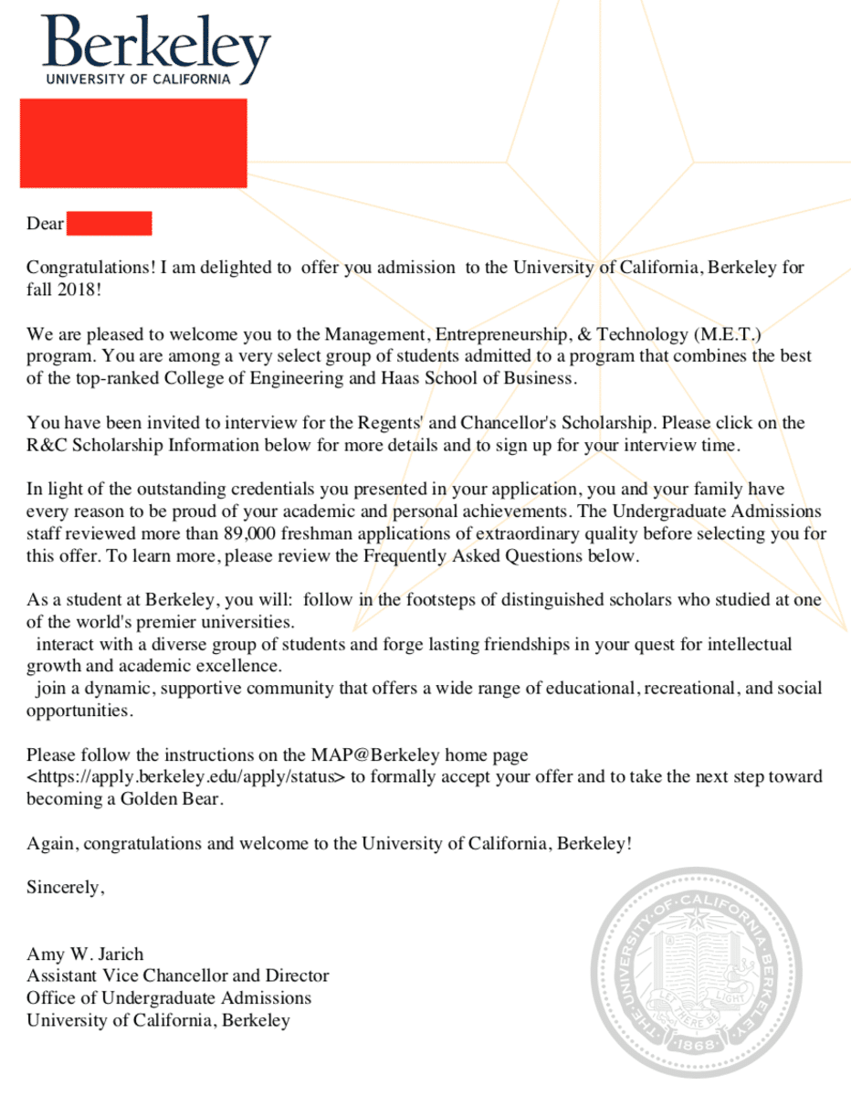 Berkeley Acceptance Letter