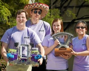 ME72 Design Challenge KATS team members, Auggie Nanz, Tammer Eweis-LaBolle, Kristin Eliason, and Sheila Lo with there amphibious robotic vehicle and ME72 trophy. This year's Mechanical Engineering 72 competition Tuesday, March 10, 2015, pushes students' robotic design skills to the limit by requiring them to create machines that can operate on land and in the water. Teams must navigate their robots along a ramp and into Millikan Pond. The robots must then transport a pre-loaded ball to one of the scoring goals. Teams earn additional points by collecting other balls and moving them into goals and by returning their robot to a designated spot before the end of the four-minute round. Competitors also may prevent their opponents from scoring. The team with the most points at the end of each heat wins. The victors are rewarded the ME-72 trophy.(Photo by Walt Mancini/Pasadena Star-News)