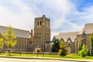 Campus scene of academic buildings at Cornell University.