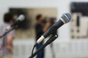 Two microphones on a stage