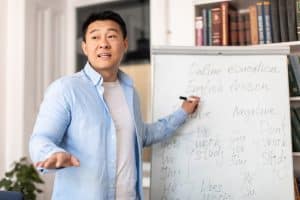 A male teacher teaching grammar on a whiteboard.