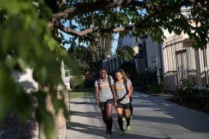 Students walking around the Caltech school campus.