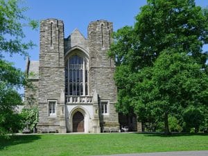 Swarthmore College's very attractive park-like campus with stone Gothic style buildings.