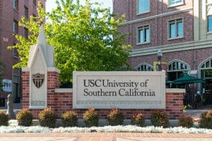 Entrance area of USC and a signage of the university name.