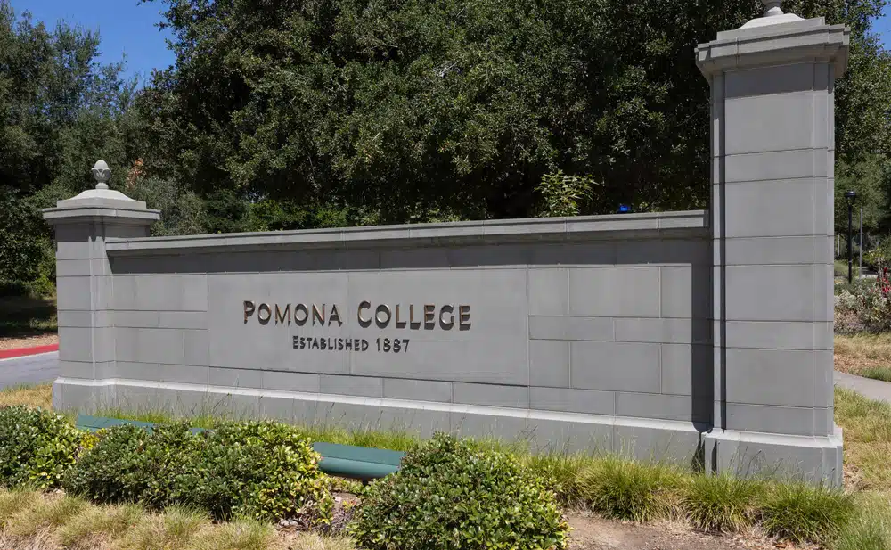 Pomona College signage at the school entrance.