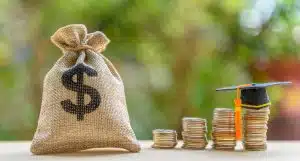 Money bag and coins placed in a table.