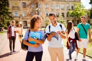 Students walking around the school campus.