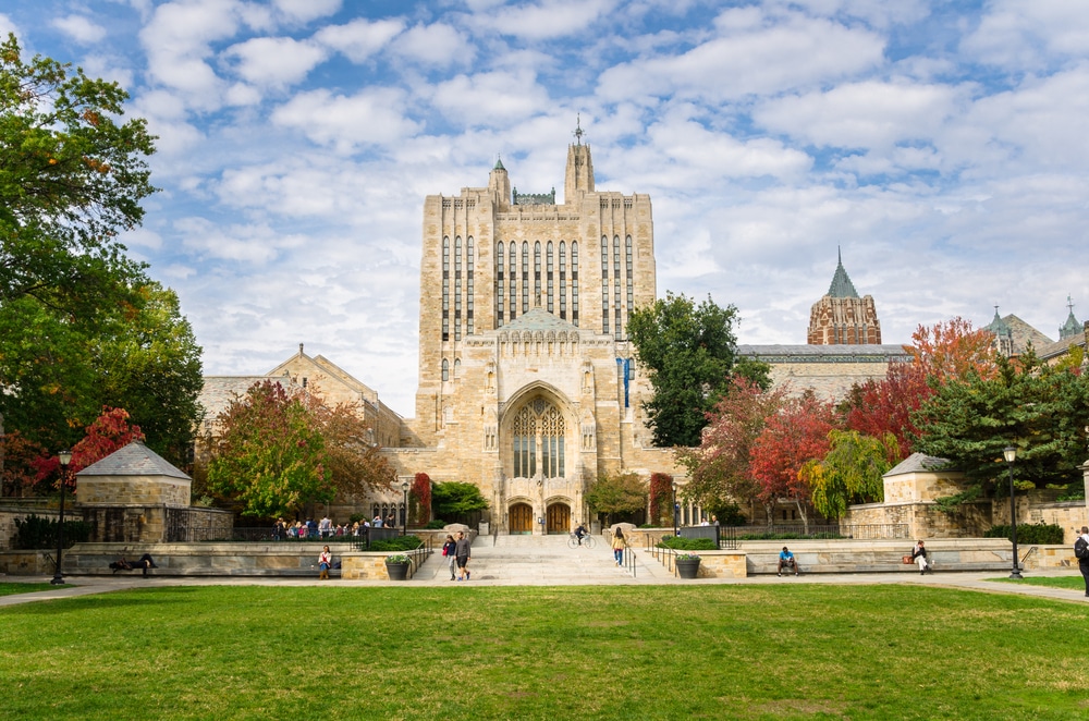 View of Yale university building surrounded by trees.