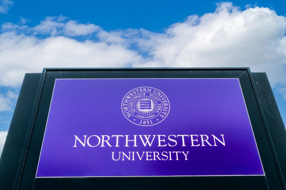 Entrance sign and trademark logo to Northwestern University.