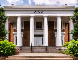 View of a sorority house with pillars.