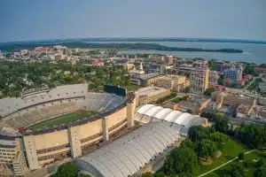 Aerial view of UW-Madison campus at day time.