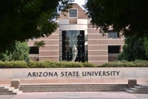 front building of Arizona State University with a female statue erected at the very center
