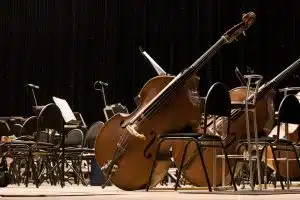 View of musical instruments placed next to each other on the stage.