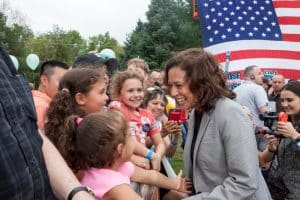 Kamala Harris talking to a crowd.