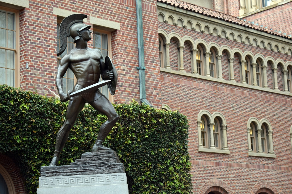 A warrior statue, one of USC official mascots