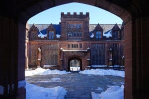 View of Princeton University building during winter season.