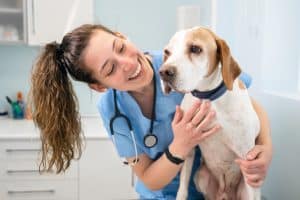 A veterinarian cuddling a dog and smiling