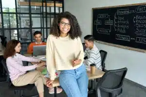 advertising major students working inside a conference room