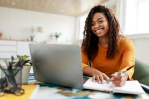 a female student working on an online internship