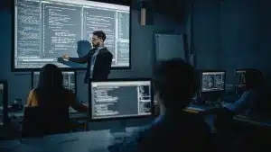 a computer scientist reporting in front of his colleagues