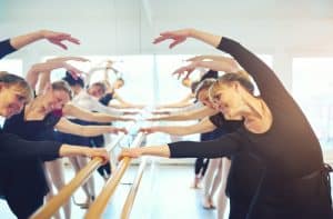 female ballet students warming inside a dance studio