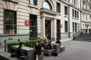 Students lounging in the entrance of London School of Economics