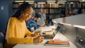 a female student studying in a library