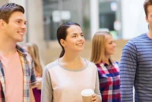 Students looking up at a building.