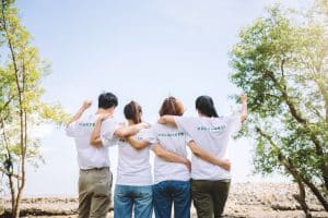 Back view of volunteers.