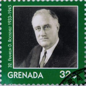 Franklin D. Roosevelt's face on a postal stamp