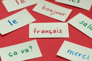 Notes with different French words.