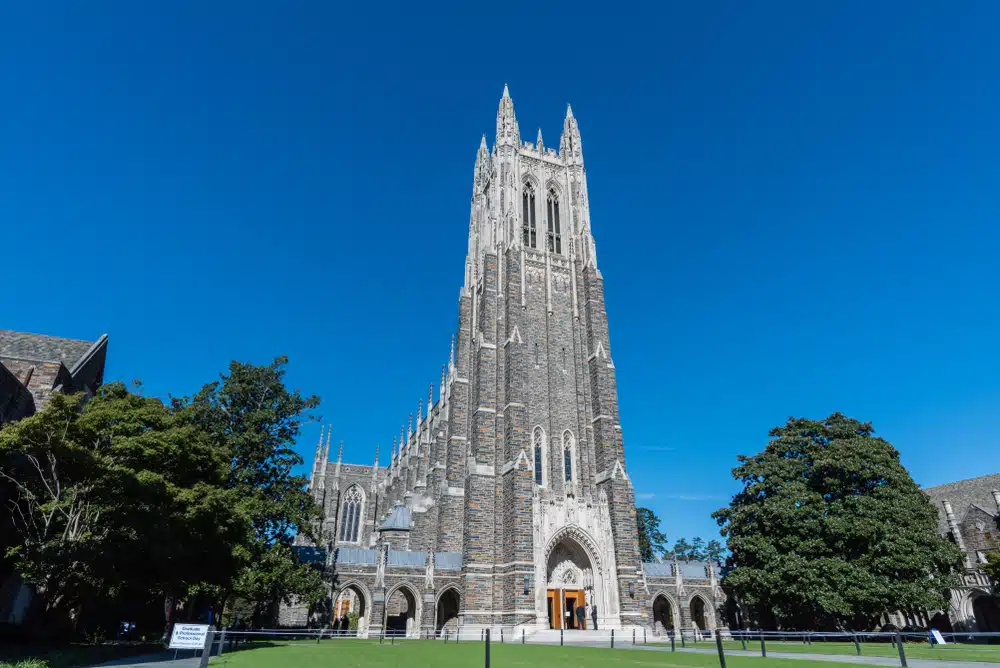 Front view of the Duke Chapel tower in early fall,