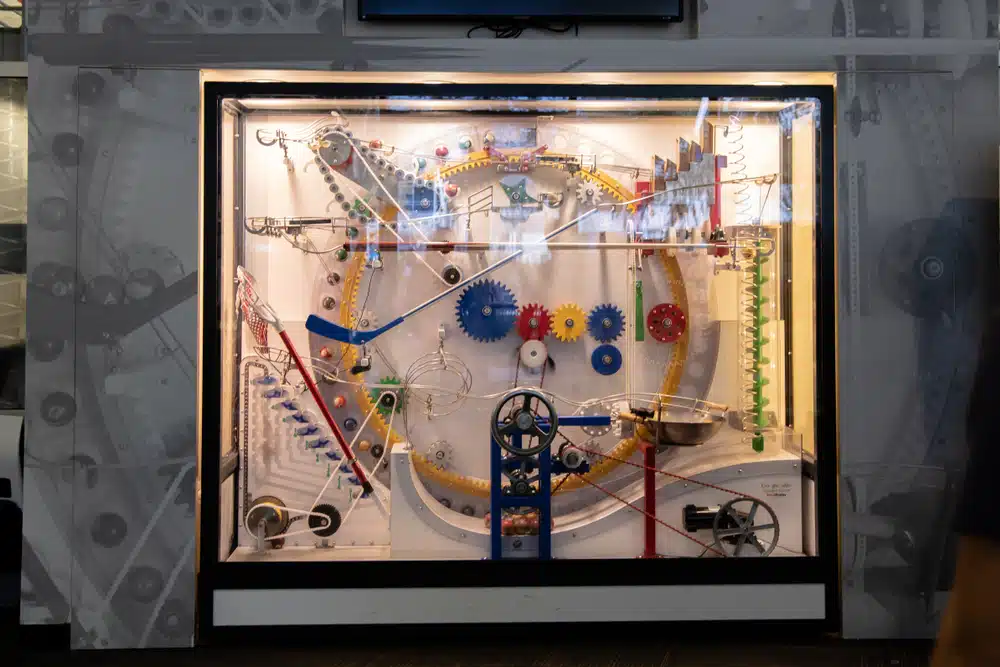 Rube Goldberg machine with Google Logo in the lobby of one of a building in Google headquarter with complicate mechanism