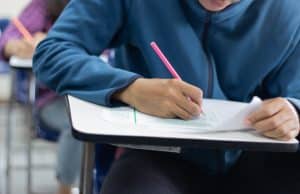 View of a student taking an exam.