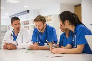 Medical students sitting and talking at the university