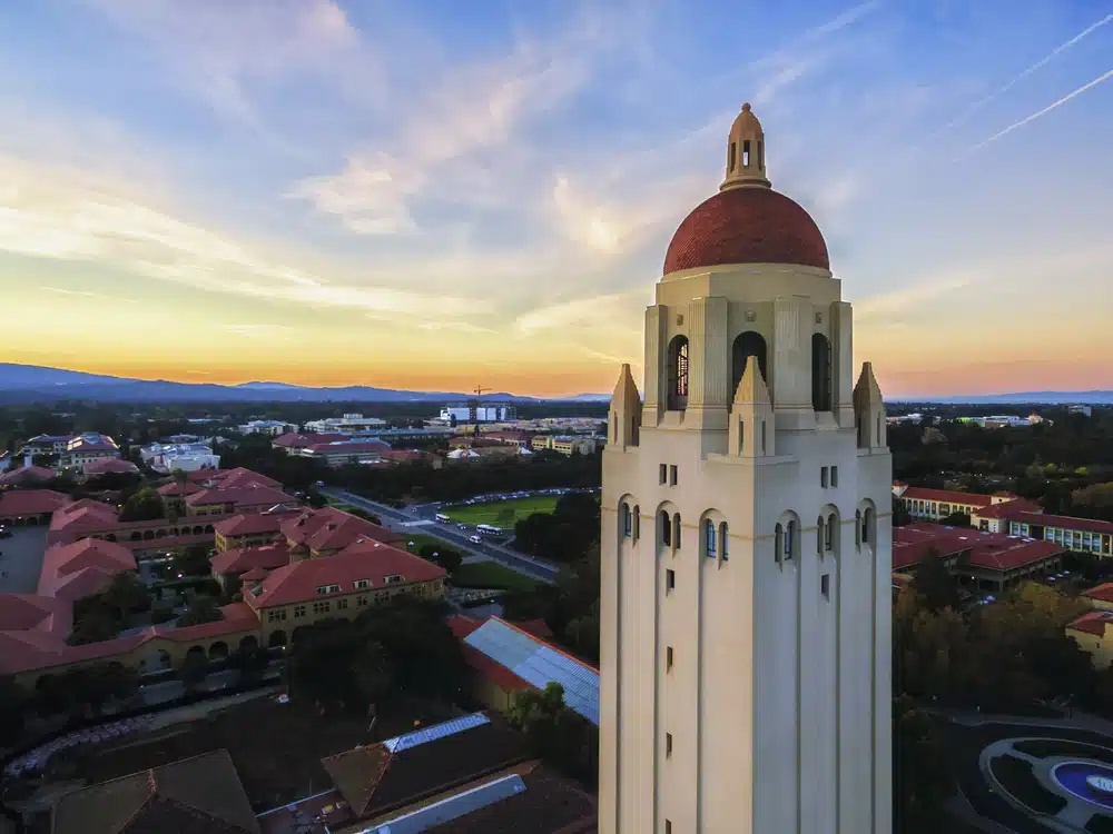 The Hoover Tower and view above Stanford at sunset in Palo Alto in California