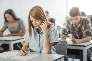 View of students taking an exam.