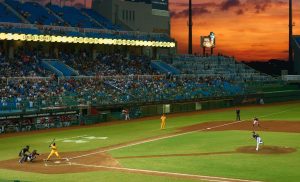 crowd in a big stadium watching a baseball game