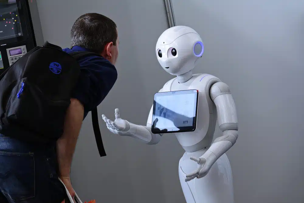 "Pepper" robot assistant with information screen in duty to give information