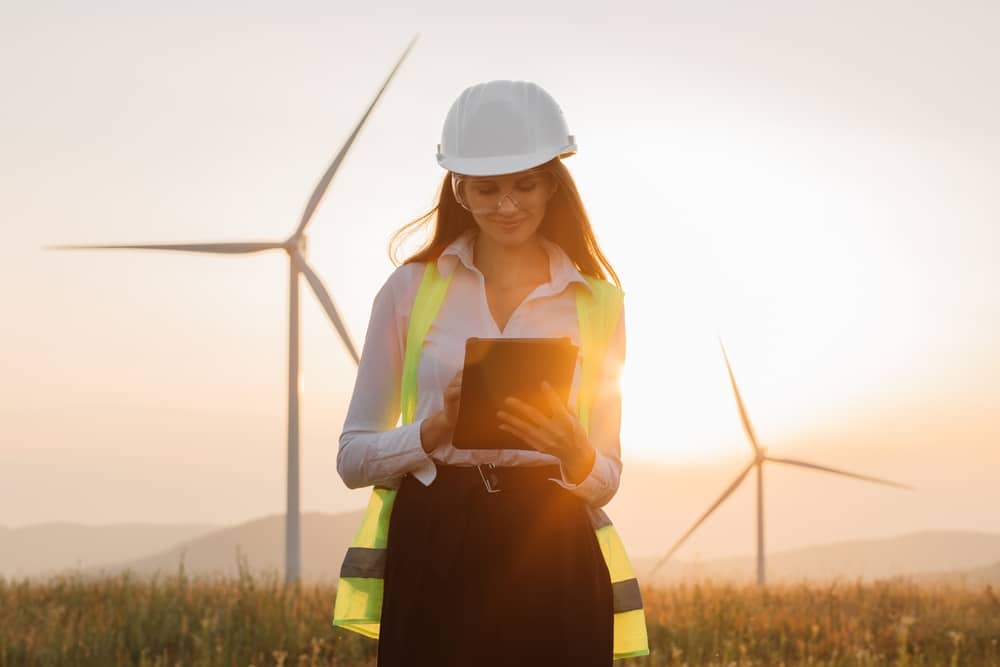 A woman checking out her list while on a wind turbine farm.