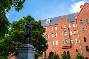 Cornelius Vanderbilt statue and vintage architecture on the Vanderbilt University campus located in the west end district