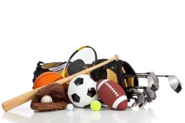 View of Sports equipment placed next to each other.