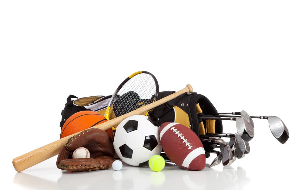 View of Sports equipment placed next to each other.