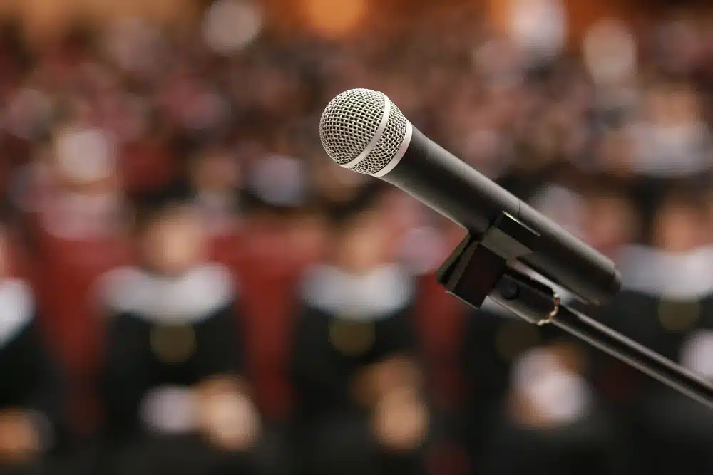 View of a wireless microphone on a podium.