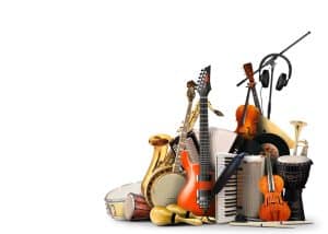 different musical instruments in a white background