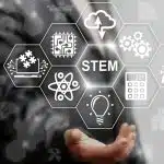 Man offer stem word sign on virtual screen.